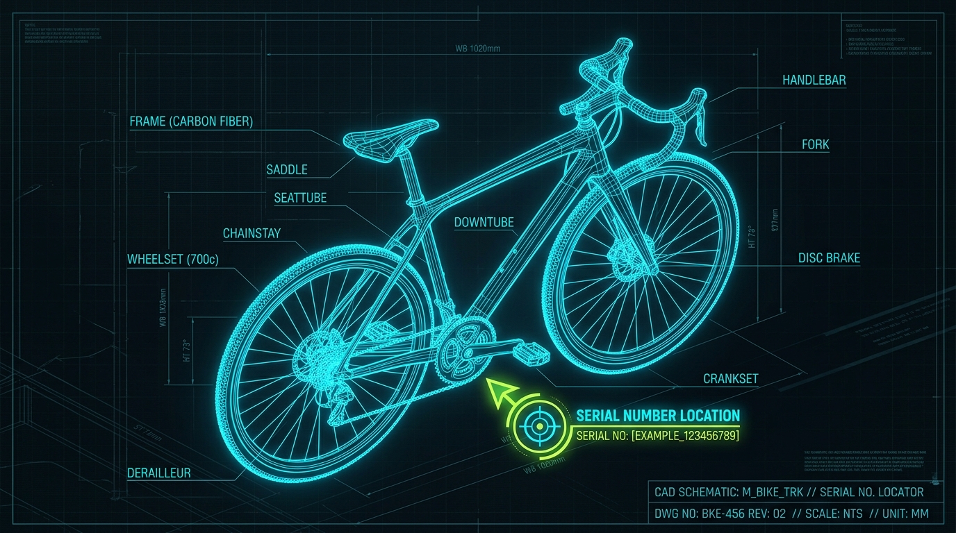Radiografía CAD 3D de la bicicleta mostrando la ubicación del número de serie